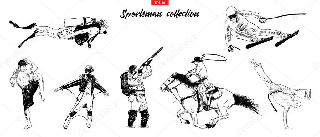 Hand drawn sketch set of sportsman isolated on white background. 