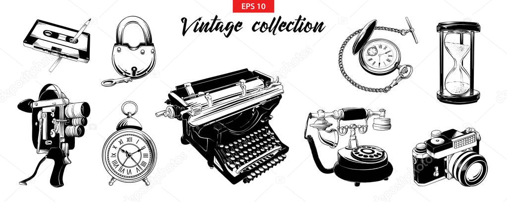 Hand drawn engraved sketch set of vintage odjects isolated on white background. 