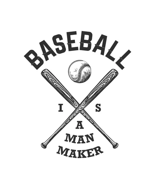 야구 공 방망이 흰색 배경에 동기 인쇄 술의 손으로 그려진된 밑그림. 야구는 남자 메이커. — 스톡 벡터