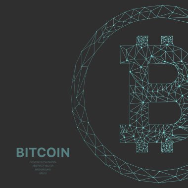 Poligonal tel kafes kafes fütüristik koyu arka plan üzerinde işareti bitcoin Kripto kavramı ile. 