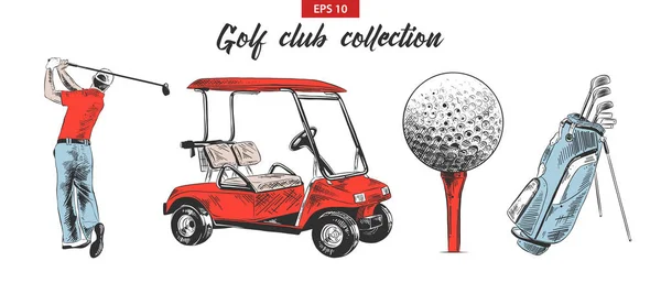 El golf çantası, sepeti, topu ve golfçü siyah beyaz arka plan üzerinde izole çizim seti çizilmiş. Detaylı vintage gravür çizimi. — Stok Vektör