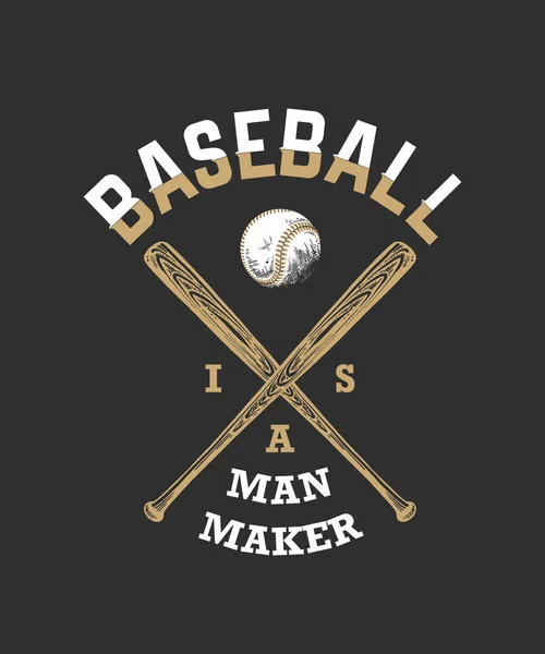 Esboço desenhado à mão de bola de beisebol e morcego com tipografia esportiva motivacional em fundo escuro. O basebol é um fabricante de homens. . — Vetor de Stock