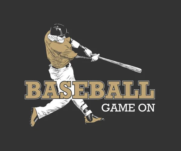 Esquisse dessinée à la main d'un joueur de baseball avec typographie motivante sur fond sombre. Logo sport vintage. Jeu sur . — Image vectorielle