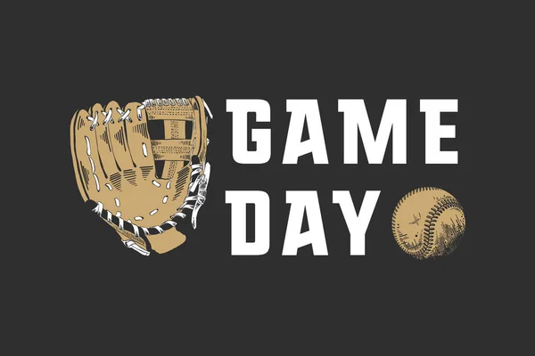 Hand getekende schets van honkbal bal en handschoen met motiverende sport typografie op donkere achtergrond. Game Day. — Stockvector