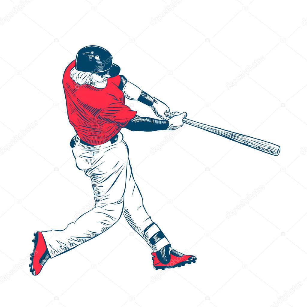 Vector engraved style illustration for posters, decoration and print. Hand drawn sketch of colorful baseball player isolated on white background. Detailed vintage etching style drawing.