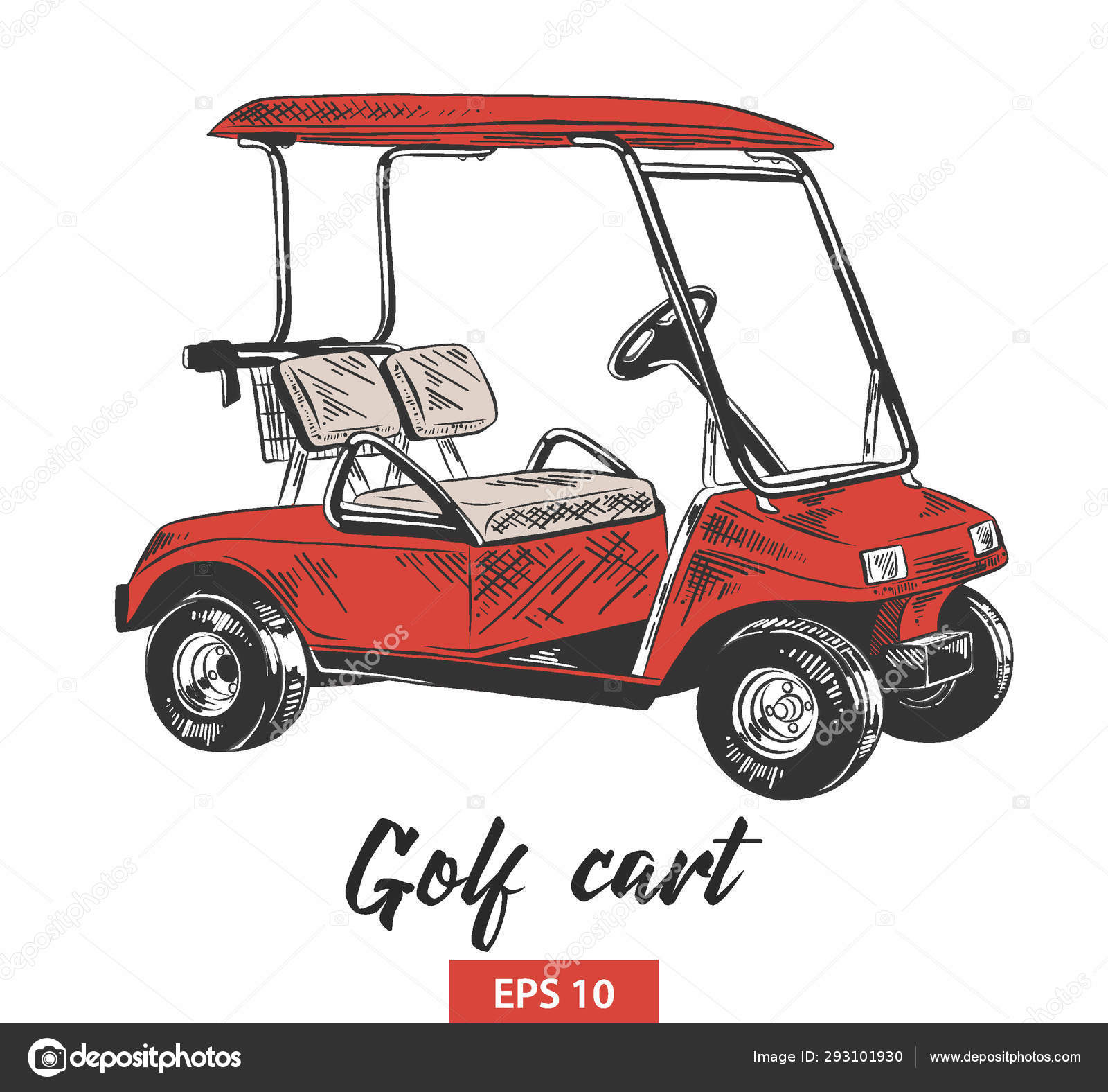 Hand drawn sketch of golf cart in red isolated on white background