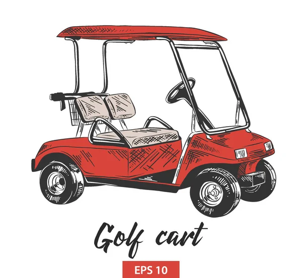 Hand drawn sketch of golf cart in red isolated on white background. Detailed vintage etching style drawing. — Stock Vector