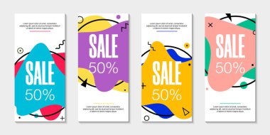 4 soyut modern grafik sıvı pankart seti. Dinamik dalgalar farklı sıvı formlarında. Memphis 80 tarzında akışkan şekilli izole şablonlar. Özel teklif, broşür veya sunum için. 