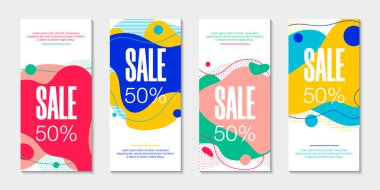 4 soyut modern grafik sıvı pankart seti. Dinamik dalgalar farklı sıvı formlarında. Memphis 80 tarzında akışkan şekilli izole şablonlar. Özel teklif, broşür veya sunum için. 