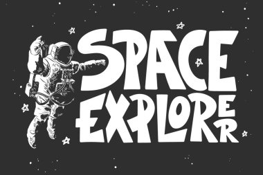 Posterler, dekorasyon ve baskılar için tipografi içeren oymalı stil çizimi. Siyah arka planda modern harflerle çizilmiş astronot resmi. Uzay kaşifi.