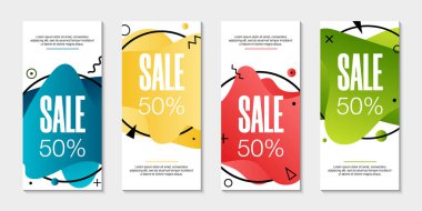 4 vektör soyut modern grafik sıvı pankart seti. Dinamik dalgalar farklı renkli sıvı formları. Akan sıvı şekilli izole şablonlar. Özel teklif, broşür veya sunum için.