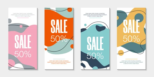 4 soyut modern grafik sıvı pankart seti. Dinamik dalgalar farklı renkli sıvı formları. Akan sıvı şekilli izole şablonlar. Özel teklif, broşür veya sunum için.