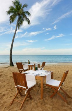    Kurulum palmiye ağacı ile tropikal bir plajda yemek Outdside                            