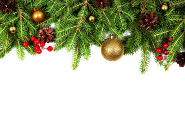 Beyaz üzerine köknar dalları olan Noel sınırı.