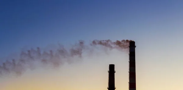 Banner Smoking Chimneys Blue Sky Evening Industrial Business Disaster Smoke — Stock Photo, Image