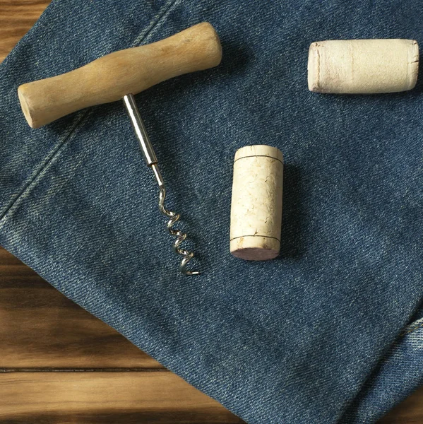 Wine Corks Corkscrew Blackboard Blue Jeans Composition — Stock Photo, Image