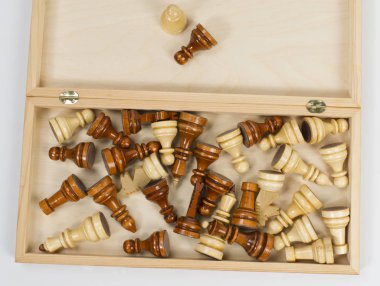 satranç taşları bir kutusunda, kompozisyon.