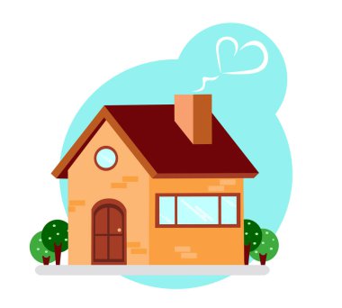 Ağaçları ve mavi arka planı olan şirin, küçük tuğla bir kır evi.