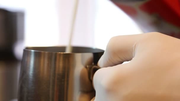 Milk Poured Metal Bowl Slow Motion Barmen Prepares Milk Coffee — Stock Video