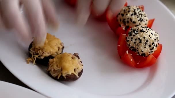 Chef Arranges Mushrooms Stuffed Cheese Cheese Balls Sesame Seeds Tomatoes — Stock Video