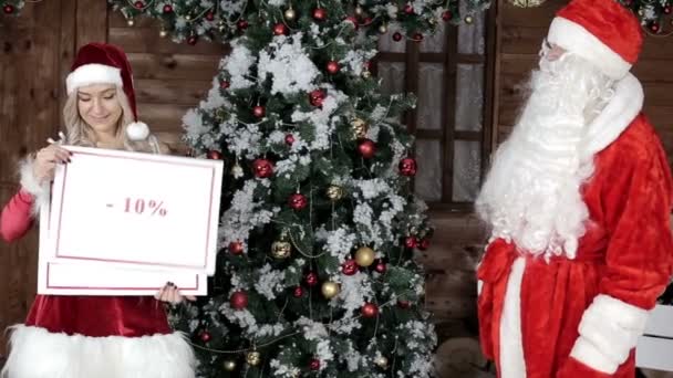 Santa Claus Unokahúga Válassza Százalékos Kedvezményt Téli Ünnepek Karácsonyi Hangulat — Stock videók