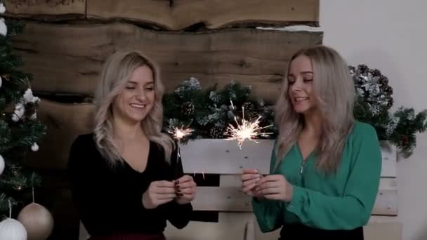 两位女士分享他们对圣诞节挥舞着巨大的火焰的情绪 圣诞快乐 圣诞快乐 新年快乐 — 图库视频影像