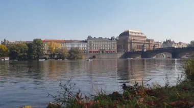 Prag Ulusal Tiyatro, Vltava Nehri Panoraması Timelapse. Katamaran ve ördekler Vltava Nehri, Çek Cumhuriyeti