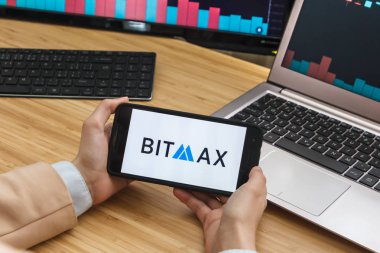 San Francisco, Abd - 18 Mayıs 2019: Bitmax Kriptopara Borsası Uygulamasını Kullanarak Akıllı Telefon Tutan Kadın Tüccar Eller. Cryptocurrency Background Concept, San Francisco, California, Abd