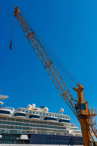 Um grande navio de cruzeiro de luxo atracado atrás do guindaste do porto . — Fotografia de Stock