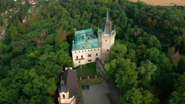 Luchtfoto van het oude kasteel in groen hout met oude brug op de achtergrond — Stockvideo