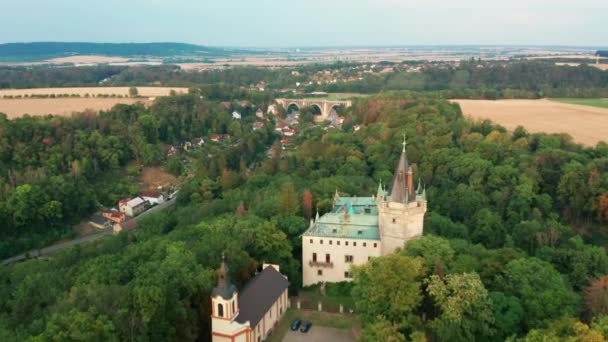 Luftaufnahme der alten Burg in grünem Holz mit alter Brücke im Hintergrund — Stockvideo