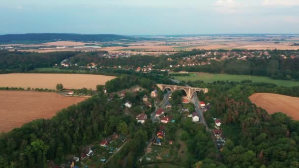 Widok z lotu ptaka starego mostu wiaduktu w zielonym drewnie w pobliżu wsi. Kolej nad doliną. — Wideo stockowe