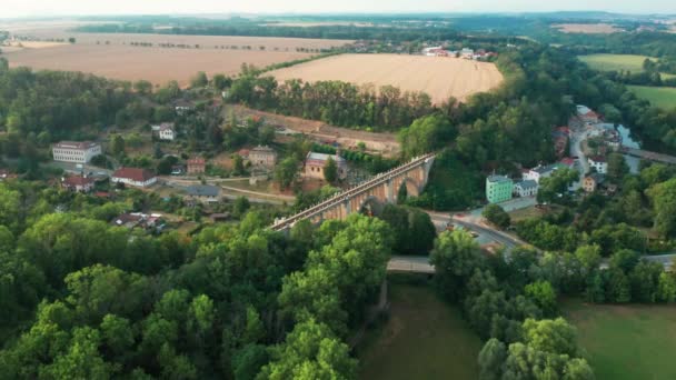 Widok z lotu ptaka starego mostu wiaduktu w zielonym drewnie w pobliżu wsi. Kolej nad doliną. — Wideo stockowe