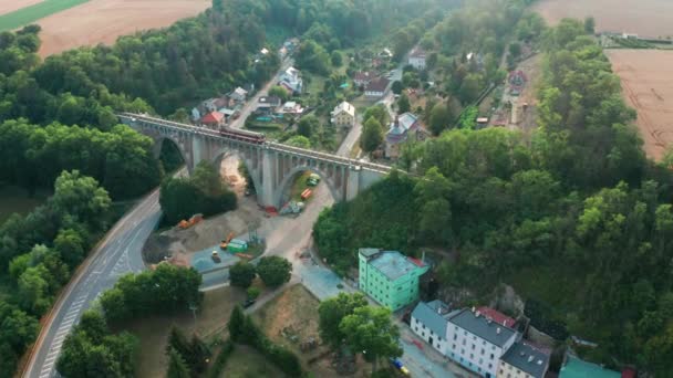 Widok z lotu ptaka pociągu idąc na wiaduktu starego mostu w zielonym drewnie w pobliżu wsi. Kolej nad doliną. — Wideo stockowe