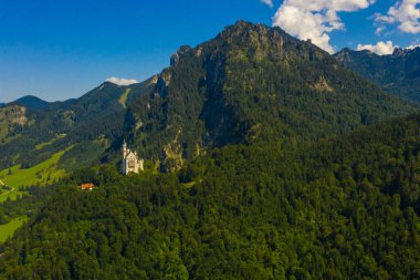 Aerial view on Neuschwanstein Castle Schwangau, Bavaria, Germany. Drone picture of Alps landscape with trees and mountains. clipart