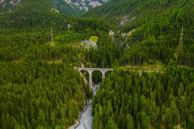 İsviçre'de ormanda akan Inn Nehri. Dağlarda eski bir demiryolu köprüsü viyadük üzerinde drone havadan görünümü