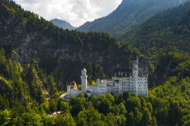 Neuschwanstein Castle Schwangau havadan görünümü, Bavyera, Almanya. Ağaçlar ve dağlar ile Alpler manzara Drone resmi.