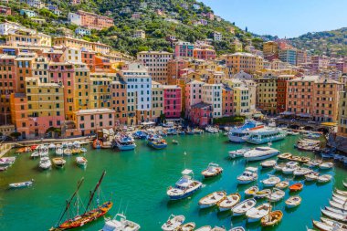 Camogli 'nin havadan görünüşü. Ligurian sahilinin yakınındaki renkli binalar. Yeşil mavi suyla marinada demirlemiş tekneler ve yatlarla yukarıdan manzara.