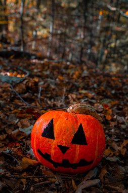 Ormanda Cadılar Bayramı Balkabağı. Ürkütücü, dişlek tebessümle ahşap arka planda balkabağı süslemeleri