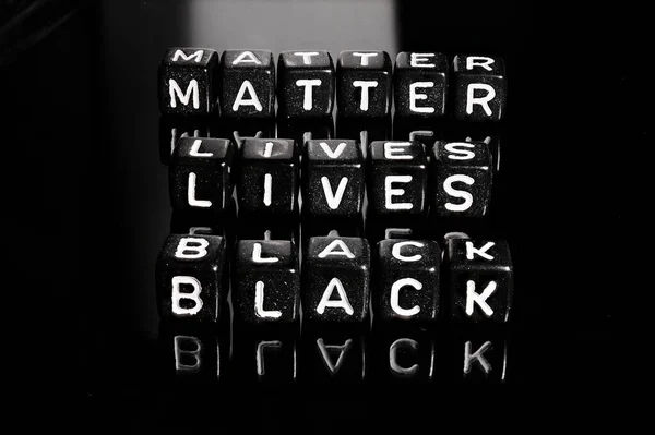Black lives matter text on a black background. BLM in support of African Americans people.
