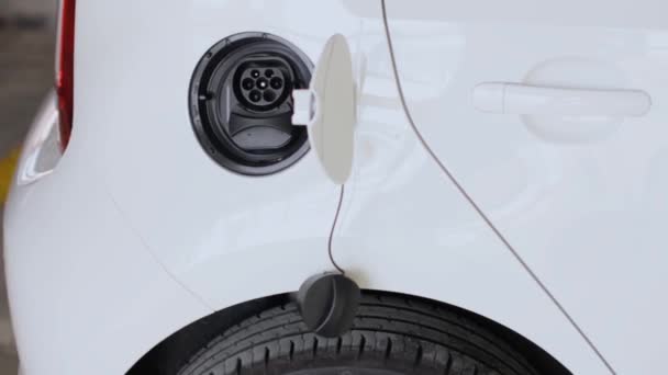 A woman inserts a plug into the car socket at the public charging station. An electric vehicle battery recharging — Stock Video