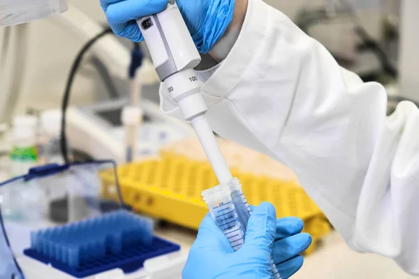 Científico trabaja en el laboratorio. El químico en guantes azules transfiere líquido de un tubo a otro. Investigación y desarrollo de vacunas contra el coronavirus . — Foto de Stock