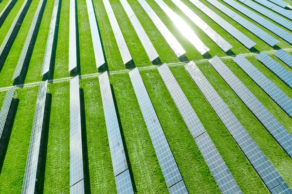 Vista Aérea Central Solar Campo Paneles Fotovoltaicos Para Producción Energía — Foto de Stock