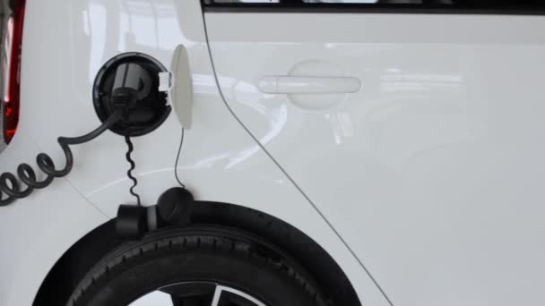 전기 자동차 또는 EV 충전 부품에서 충전 . 충전 포트에 연결 된 케이블. — 비디오