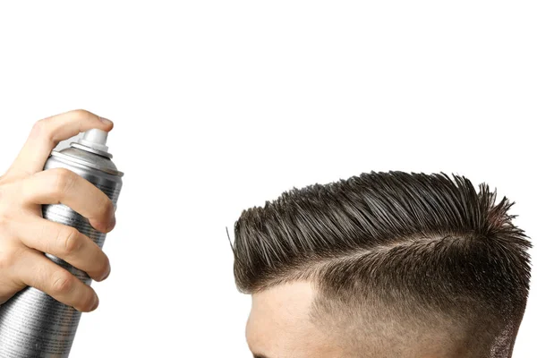 Man Applying Hair Spray Styling His Hair Barbershop Haircut Advertising — Stock Photo, Image