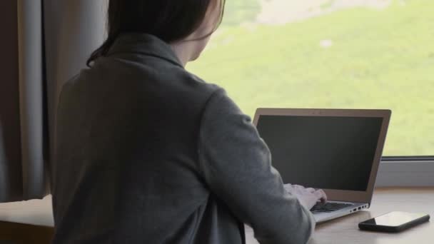 Женщина работает на ноутбуке с удивительным пейзажем в окне во время карантина. — стоковое видео