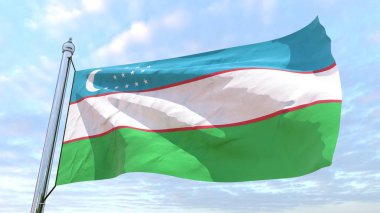Havada dokuma ülke Özbekistan bayrağı. Gökyüzünde uçan.