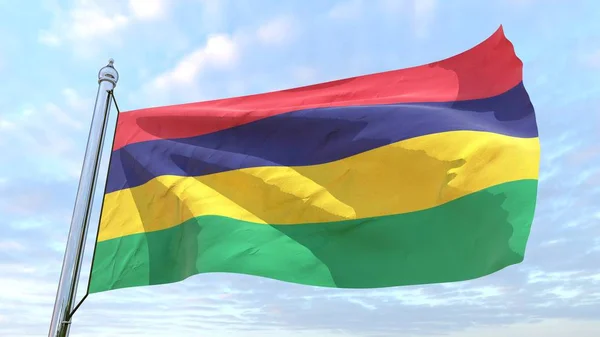 Bayrak havada dokuma ülke Mauritius. Gökyüzünde uçan.