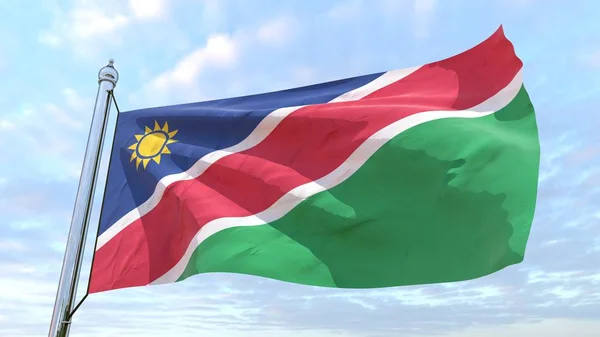 Havada dokuma ülke Namibya bayrağı. Gökyüzünde uçan.
