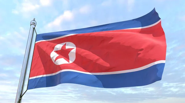 Bandeira País Coreia Norte Tecelagem Voando Céu — Fotografia de Stock